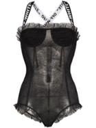 Off-white Lace-embroidered Sheer Bodysuit - Black