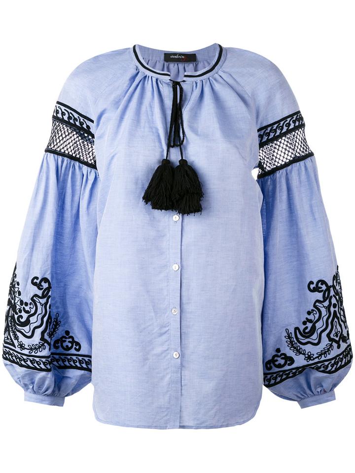 Wandering - Collarless Embroidered Shirt - Women - Cotton/linen/flax - 42, Blue, Cotton/linen/flax