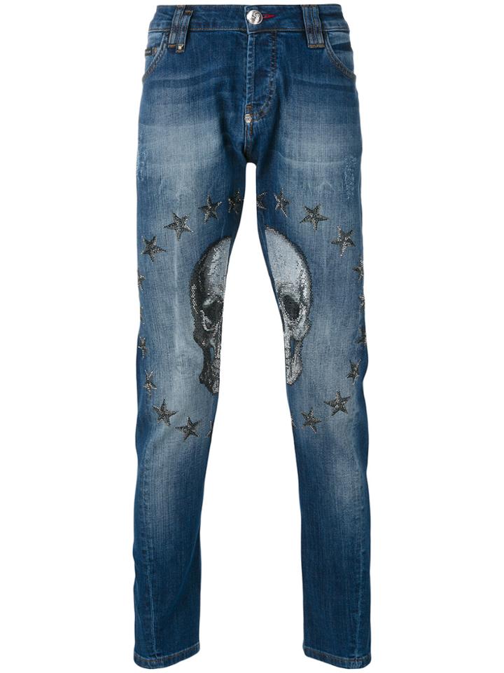 Philipp Plein Embellished Skull Tapered Jeans - Blue