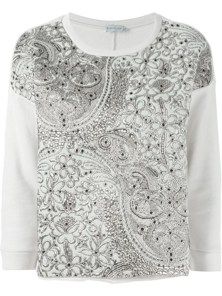 Moncler Embroidered Paisley Sweater, Women's, Size: Medium, White, Silk/cotton/acrylic/metallic Fibre