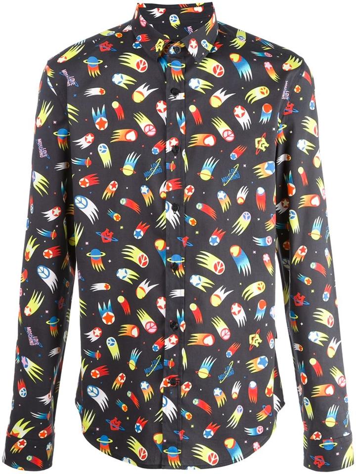 Love Moschino Allover Print Shirt, Men's, Size: Medium, Black, Cotton/spandex/elastane