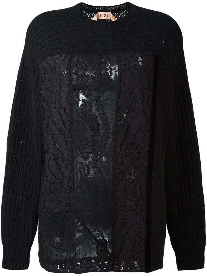 No21 Lace Inset Cable Knit Jumper, Women's, Size: 40, Black, Polyamide/alpaca