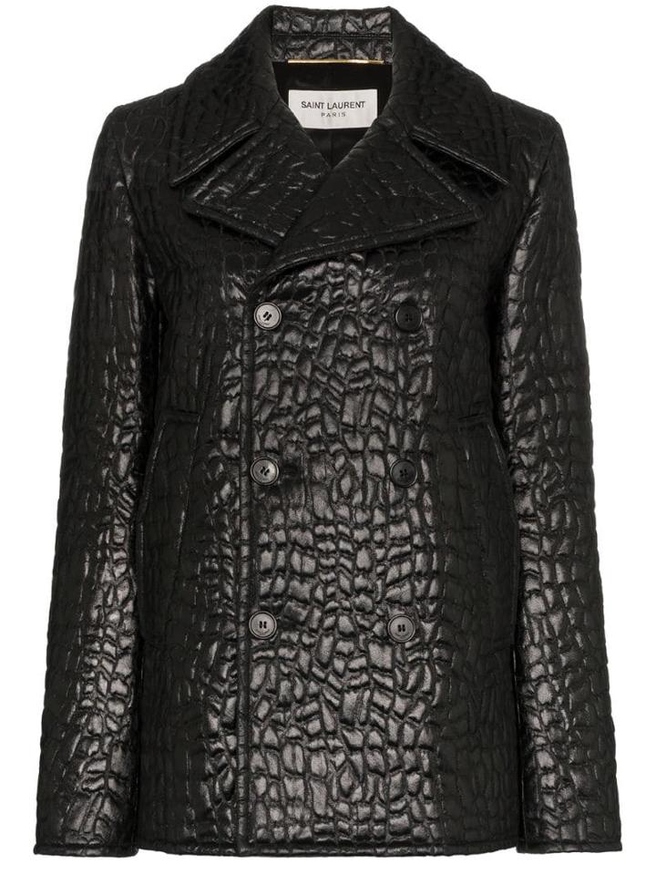 Saint Laurent Double-breasted Crocodile-effect Coat - Black