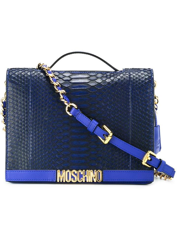 Moschino - Logo Plaque Shoulder Bag - Women - Leather/python Skin - One Size, Blue, Leather/python Skin
