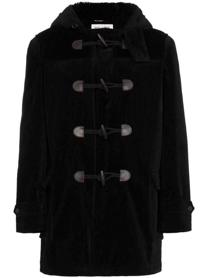 Saint Laurent Shearling Lined Corduroy Cotton Duffle Coat - Black