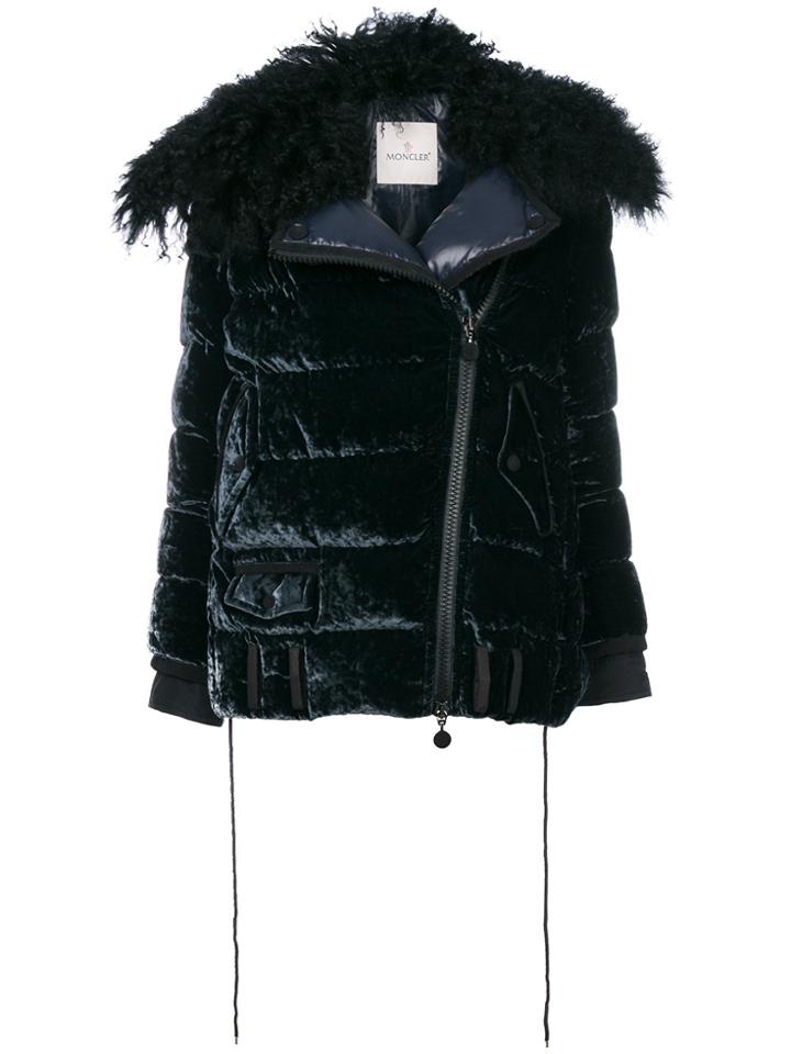Moncler Shaggy Collar Velvet Puffer - Blue