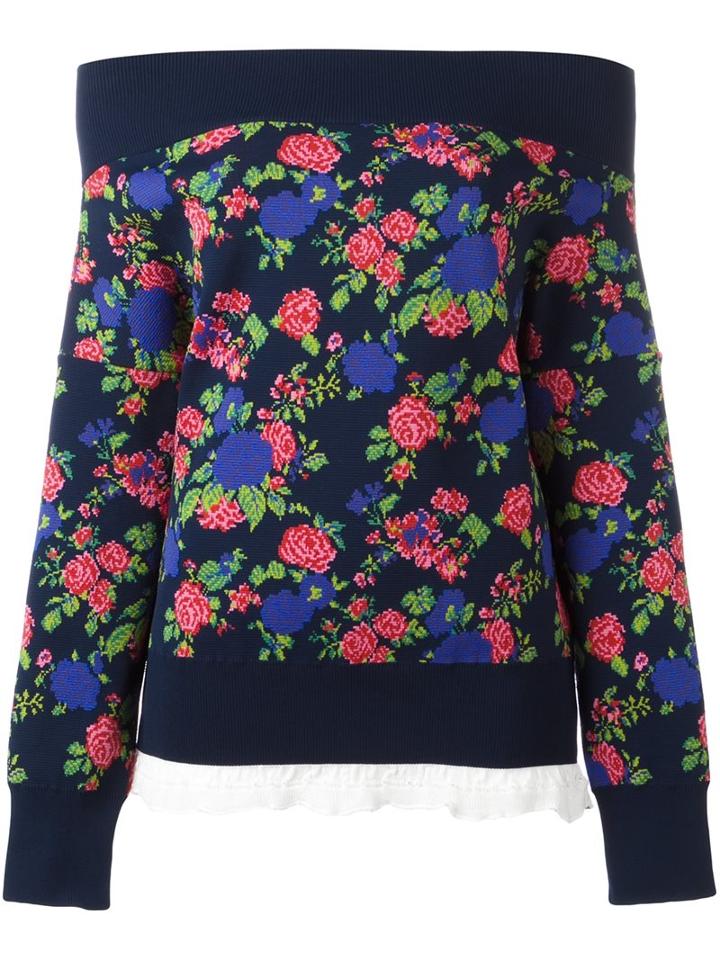 Msgm Floral Print Off-shoulder Sweatshirt, Women's, Size: Small, Blue, Polyamide