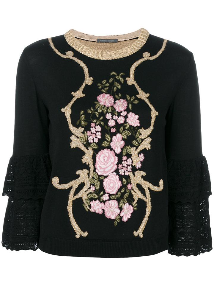 Alberta Ferretti - Floral Frill Sleeve Top - Women - Virgin Wool - 40, Black, Virgin Wool