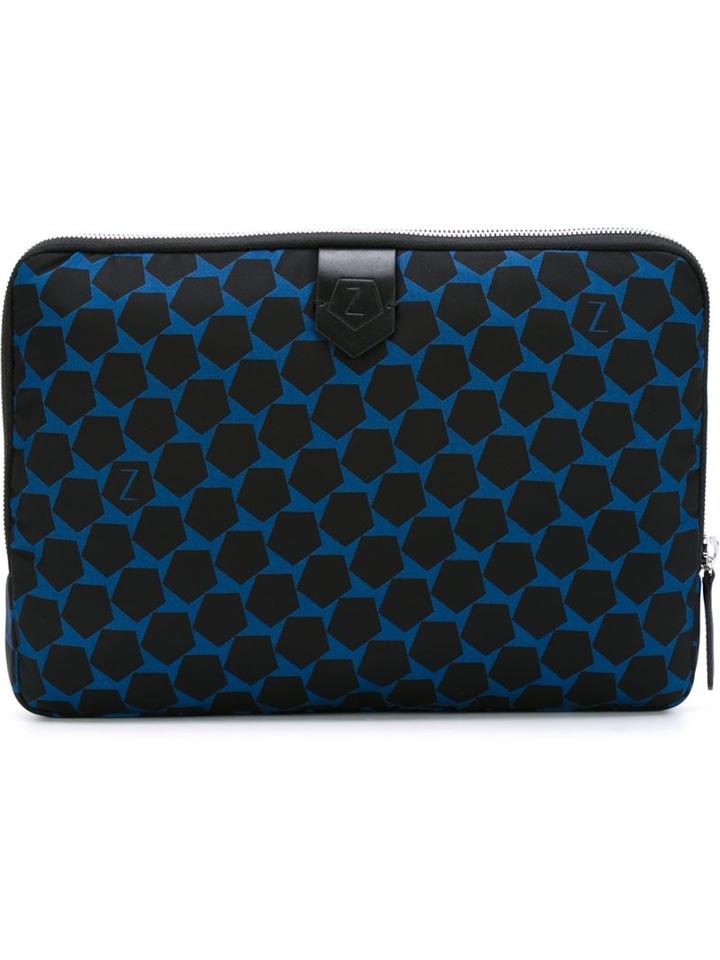 Z Zegna Geometric Pattern Zipped Clutch, Men's, Blue, Polyamide