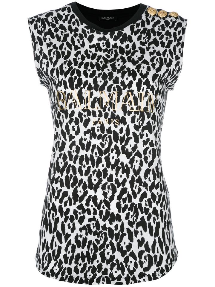Balmain Leopard Print Logo Print Top, Women's, Size: 38, White, Cotton