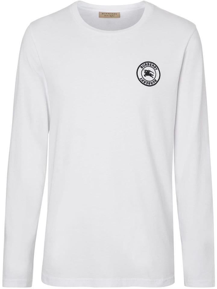 Burberry Long Sleeve Embroidered Logo Cotton T-shirt - White