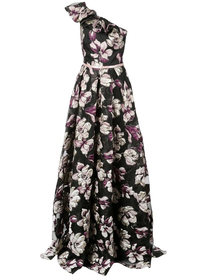 Marchesa Notte Floral One-shoulder Gown - Black