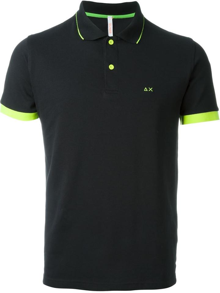 Sun 68 Small Collar And Sleeve Detail 'righe Fluo' Polo Shirt, Men's, Black, Cotton/spandex/elastane