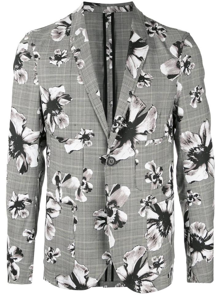 Neil Barrett Floral-print Glen Check Blazer - Grey