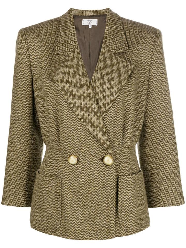 Valentino Vintage 1980's Herringbone Double-breasted Jacket - Brown
