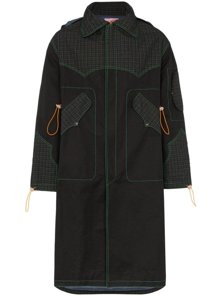 Boramy Viguier Check Print Panelled Cotton Blend Parka Coat - Black