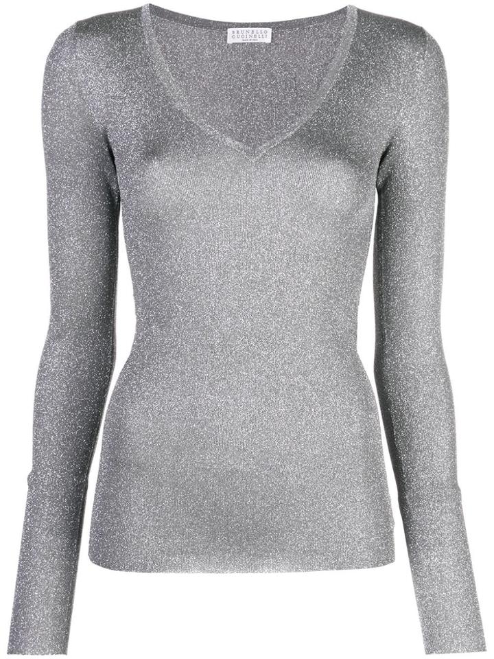 Brunello Cucinelli Glitter V-neck Jumper - Grey