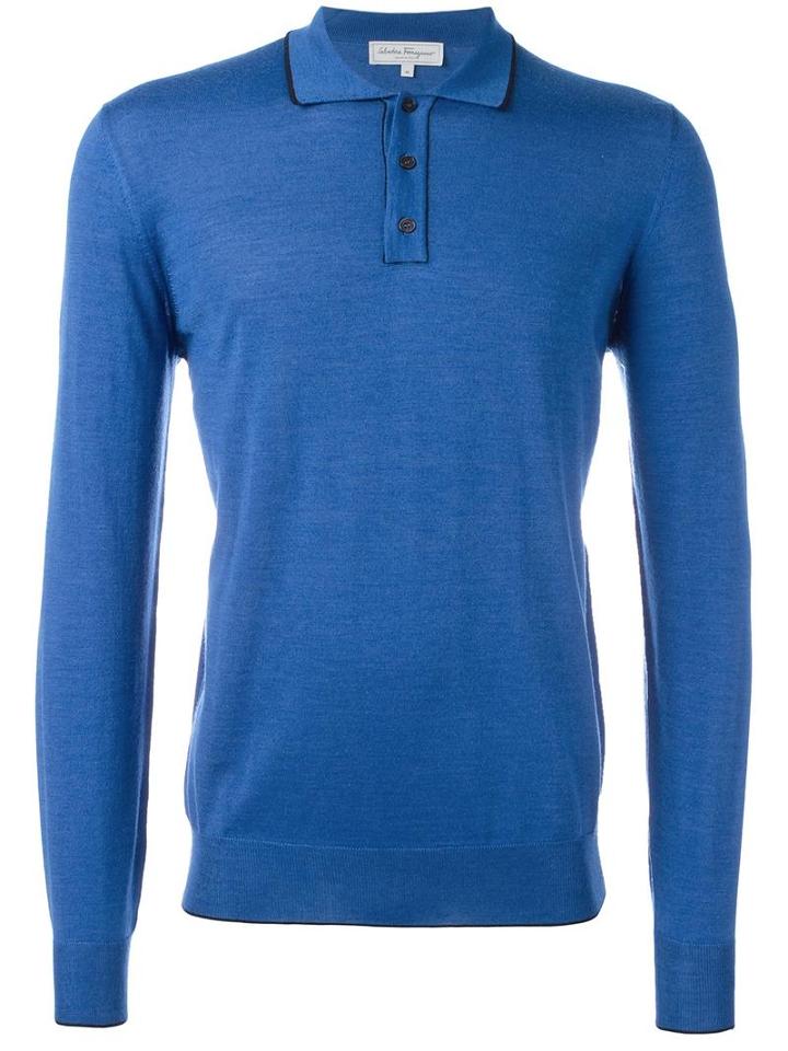 Salvatore Ferragamo Button-up Long Sleeved Polo, Men's, Size: Large, Blue, Virgin Wool/silk