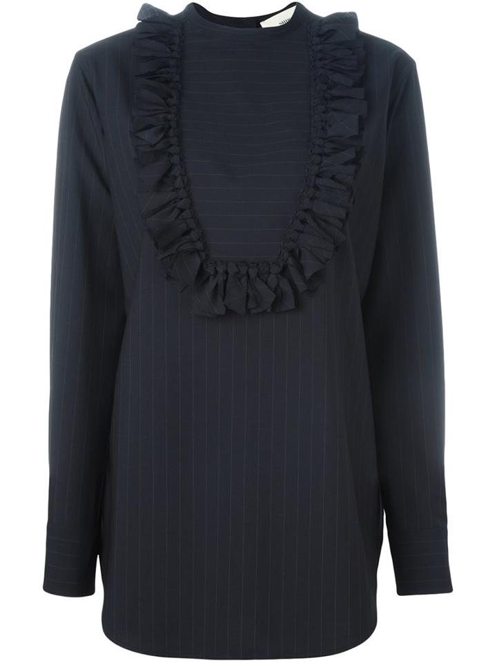 Ports 1961 Pinstripe Fringe Plastron Shirt, Women's, Size: 44, Blue, Polyester/wool