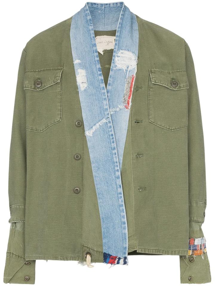 Greg Lauren Contrasting Denim Collar Military Jacket - Green