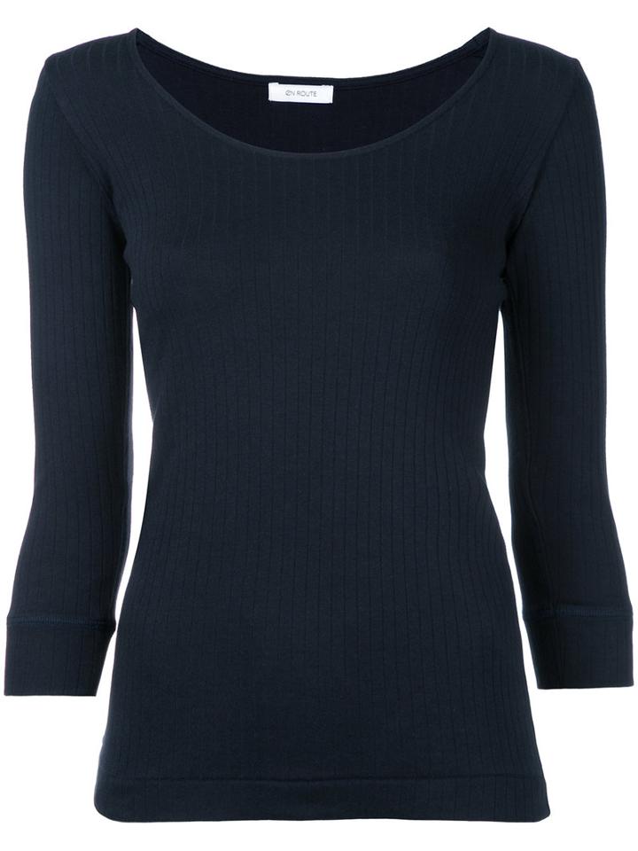 En Route - Three-quarters Sleeve Ribbed T-shirt - Women - Cotton - One Size, Blue, Cotton