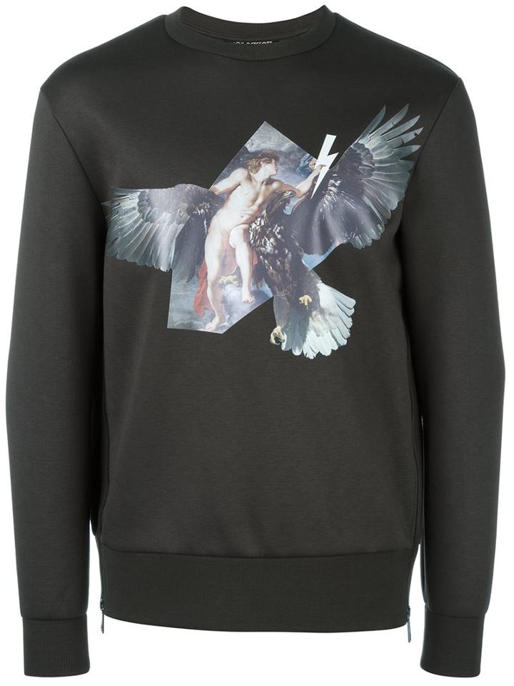 Neil Barrett Angel And Eagle Print Sweatshirt, Men's, Size: Large, Green, Polyurethane/viscose
