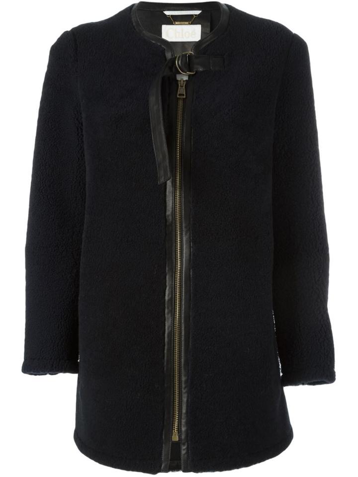 Chloé Shearling Collarless Coat, Women's, Size: 36, Blue, Lamb Nubuck Leather/lamb Skin