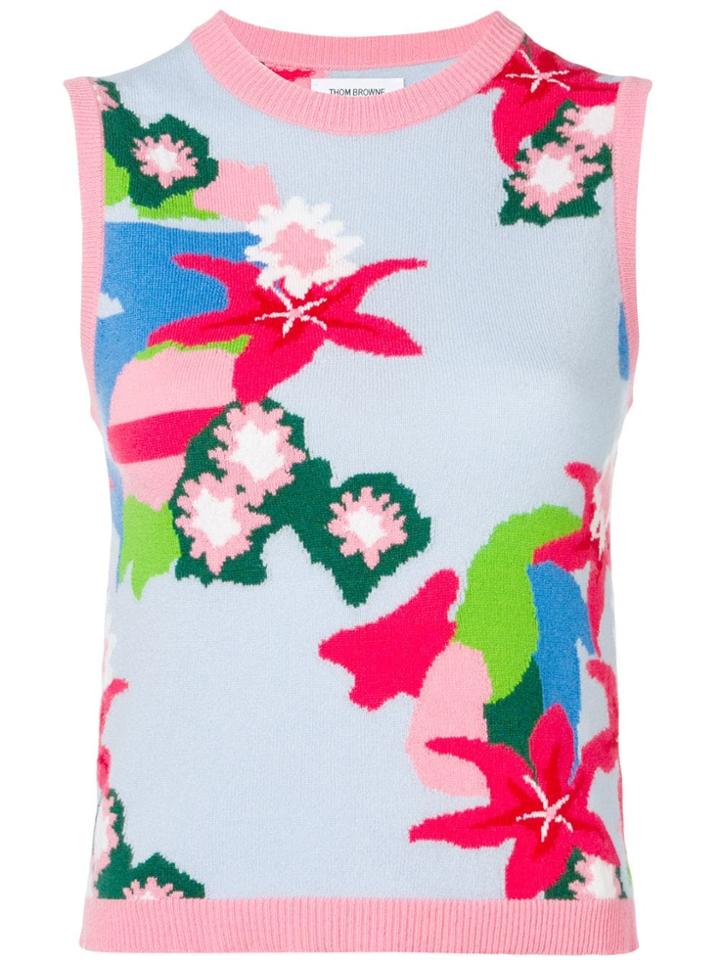 Thom Browne Floral Intarsia Cashmere Shell Top - Blue