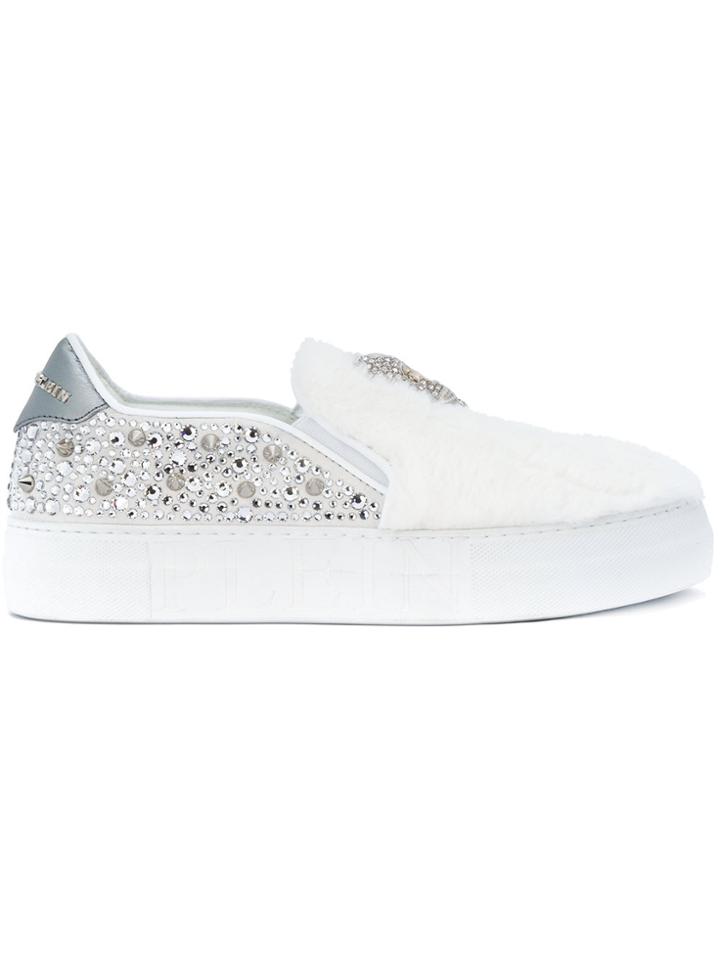 Philipp Plein Faux Fur Embellished Sneakers - White