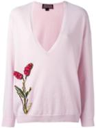 Giambattista Valli Flower Embellished V-neck Jumper, Women's, Size: 40, Pink/purple, Cashmere