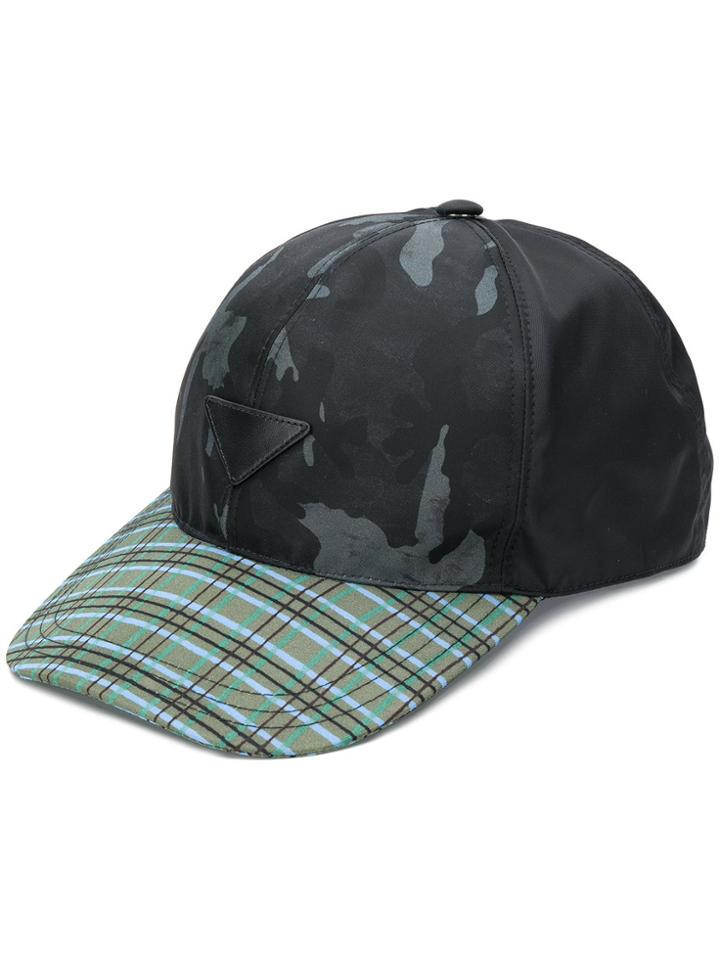 Prada Camouflage And Check Baseball Cap - Black