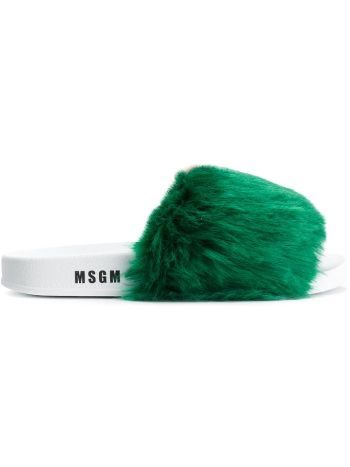Msgm Fur Flip Flops - Green