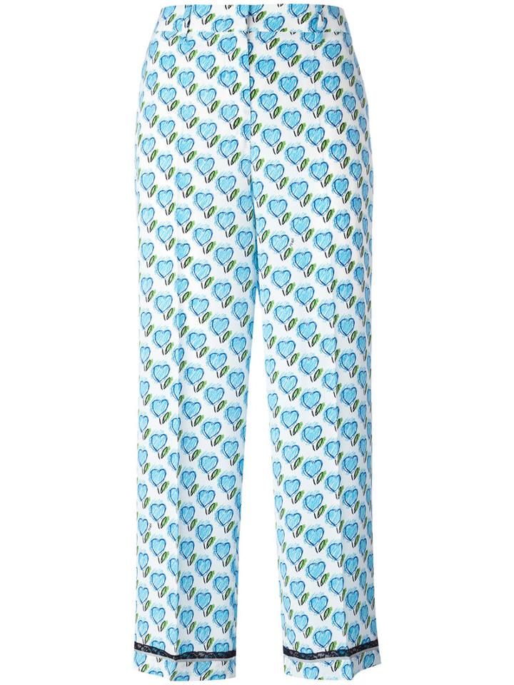 Prada Heart Print Trousers, Women's, Size: 36, Blue, Silk/cupro