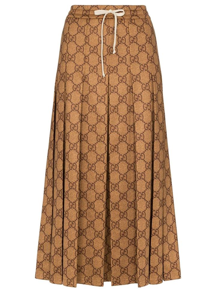 Gucci Gg Logo Print Pleated Midi Skirt - Brown