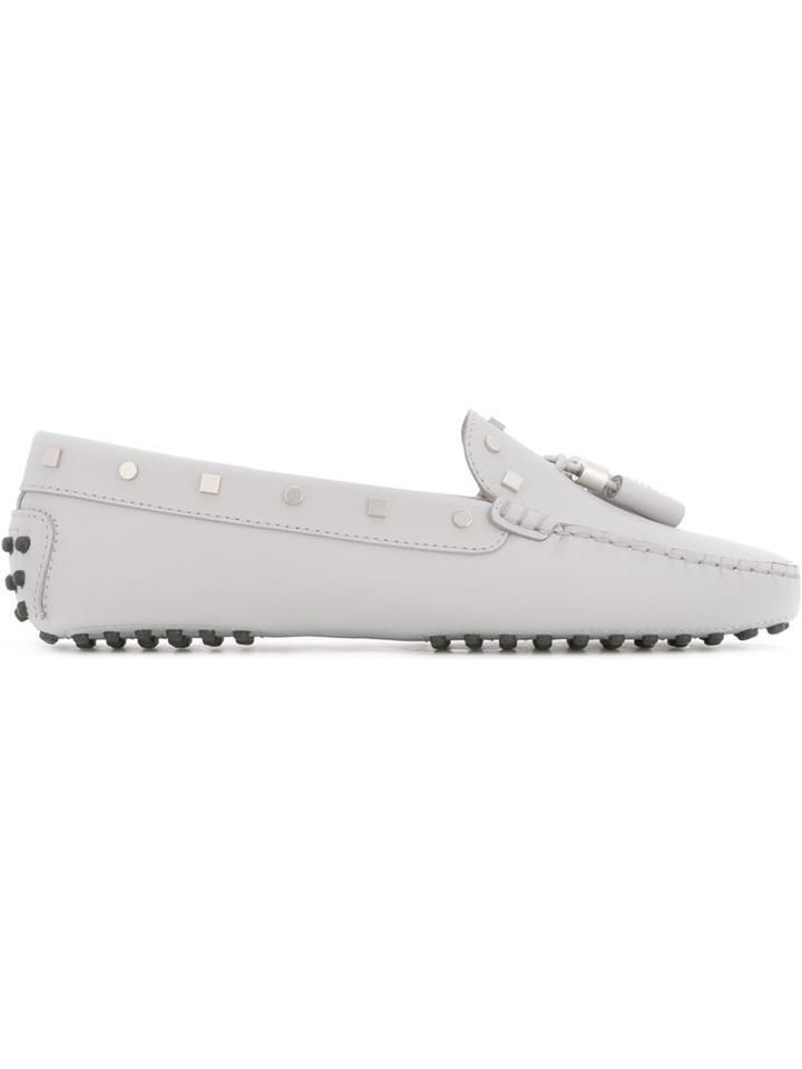 Tod S Studded Loafers, Women's, Size: 39.5, Grey, Leather/rubber