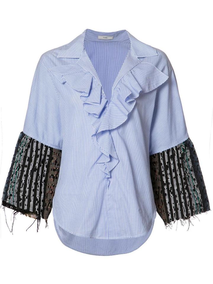 Tome 'thin Stripe Tweed Ruffle' Shirt - Blue