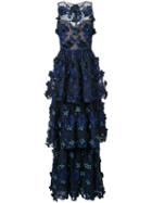 Marchesa Notte - Floral Applique Layered Gown - Women - Nylon/polyester - 14, Blue, Nylon/polyester