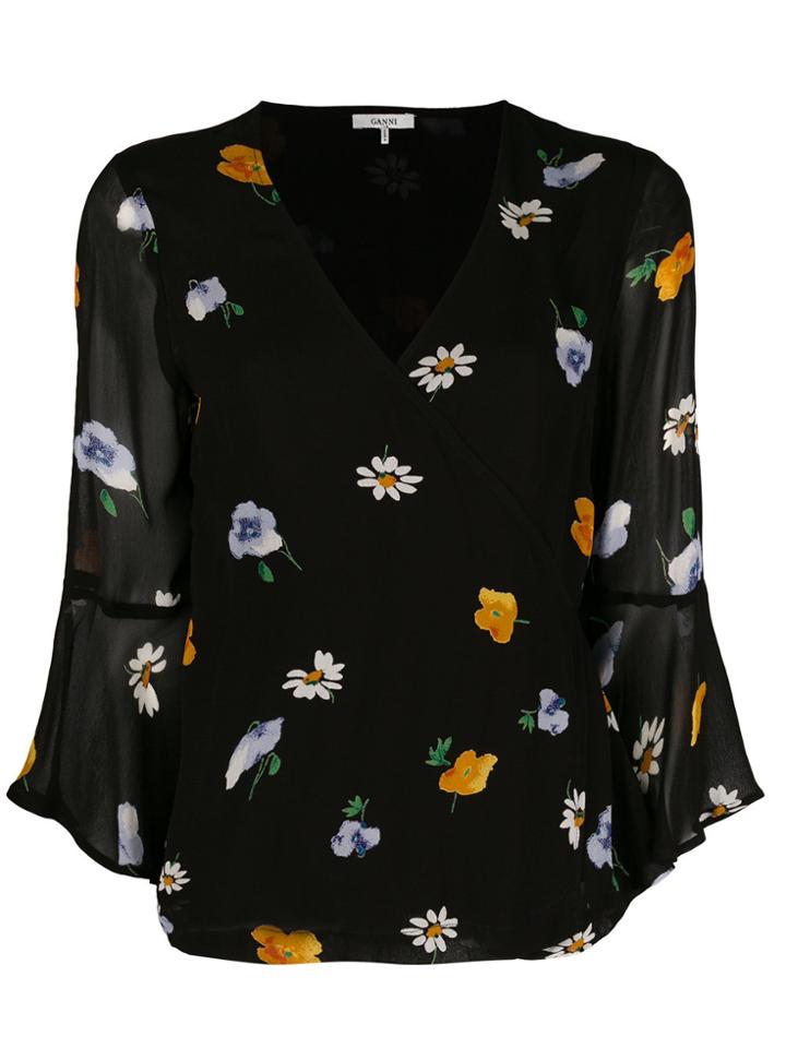 Ganni Floral Wrap Top - Black