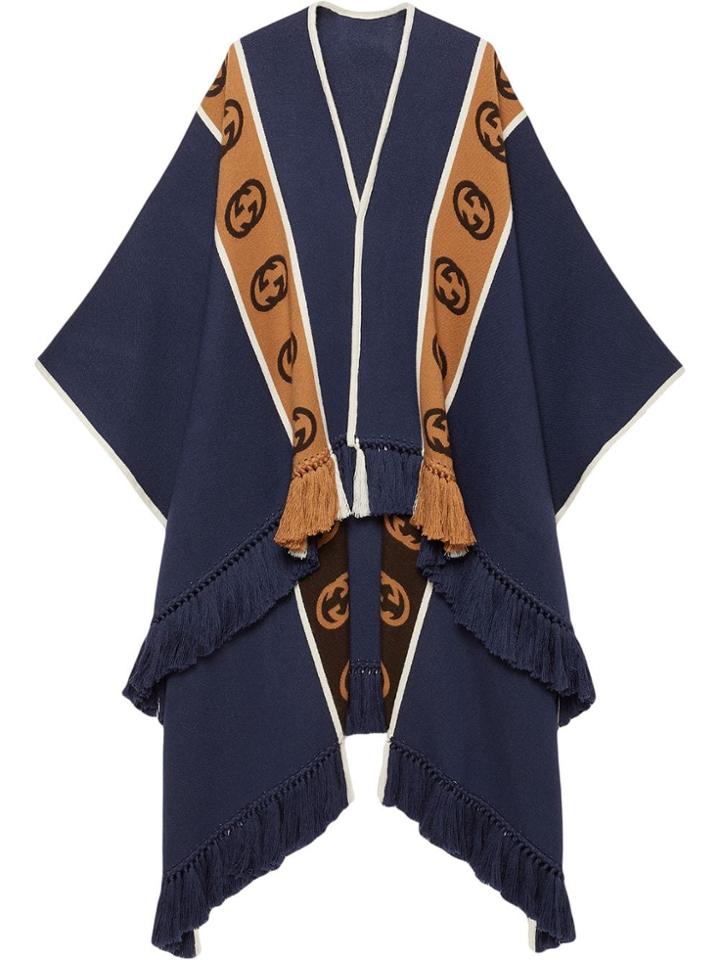 Gucci Wool Poncho With Interlocking G Stripe - Blue
