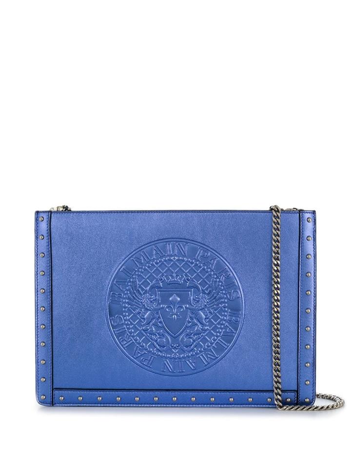Balmain Metallic Leather Clutch - Blue