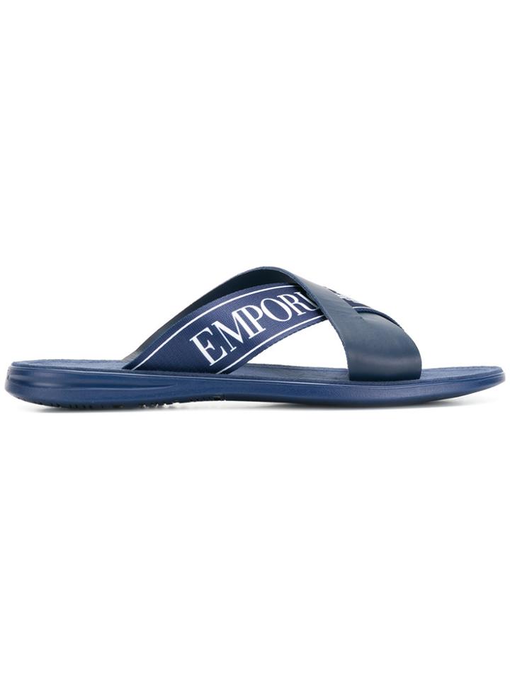 Emporio Armani Logo Print Crossover Slides - Blue