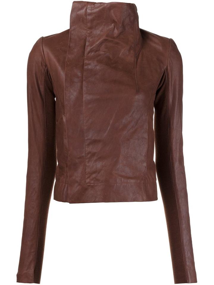 Rick Owens Funnel Neck Biker Jacket, Women's, Size: 38, Brown, Calf Leather