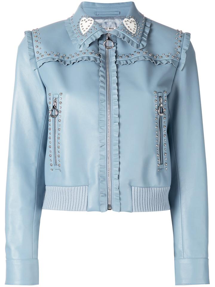 Miu Miu Studded Leather Jacket, Women's, Size: 40, Blue, Lamb Skin/viscose