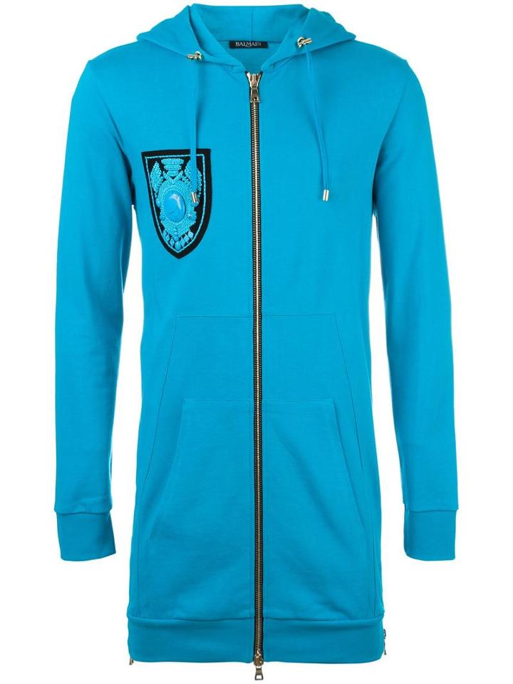 Balmain Long Chest Patch Hoodie, Men's, Size: Small, Blue, Cotton