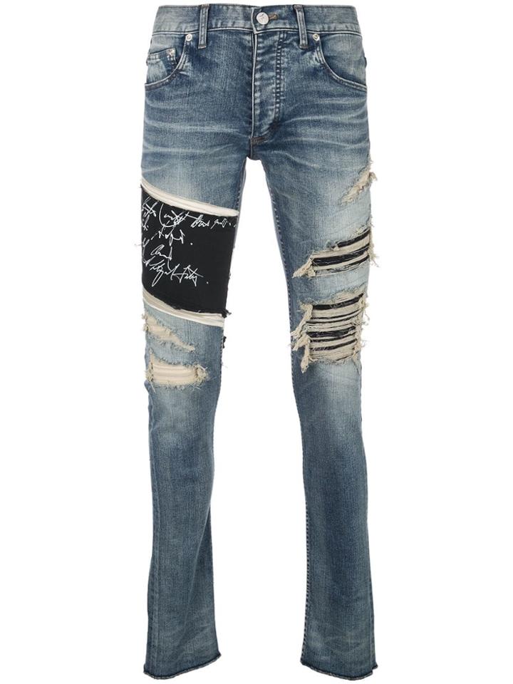 Fagassent Distressed Logo Print Skinny Jeans - Blue