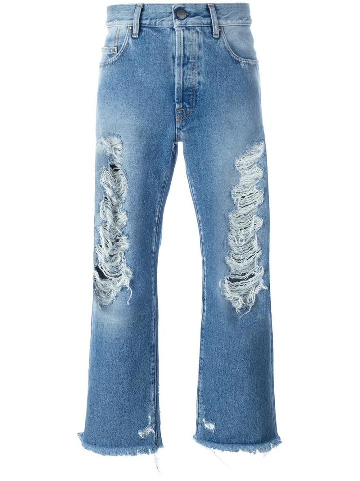 Palm Angels Distressed Cropped Jeans, Men's, Size: 32, Blue, Cotton/polyester