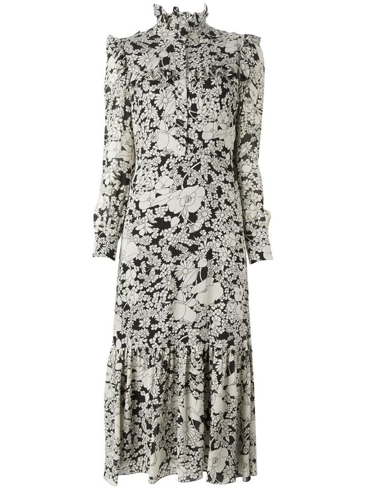 Saint Laurent Floral Print Ruffle Dress, Women's, Size: 38, Black, Silk/viscose