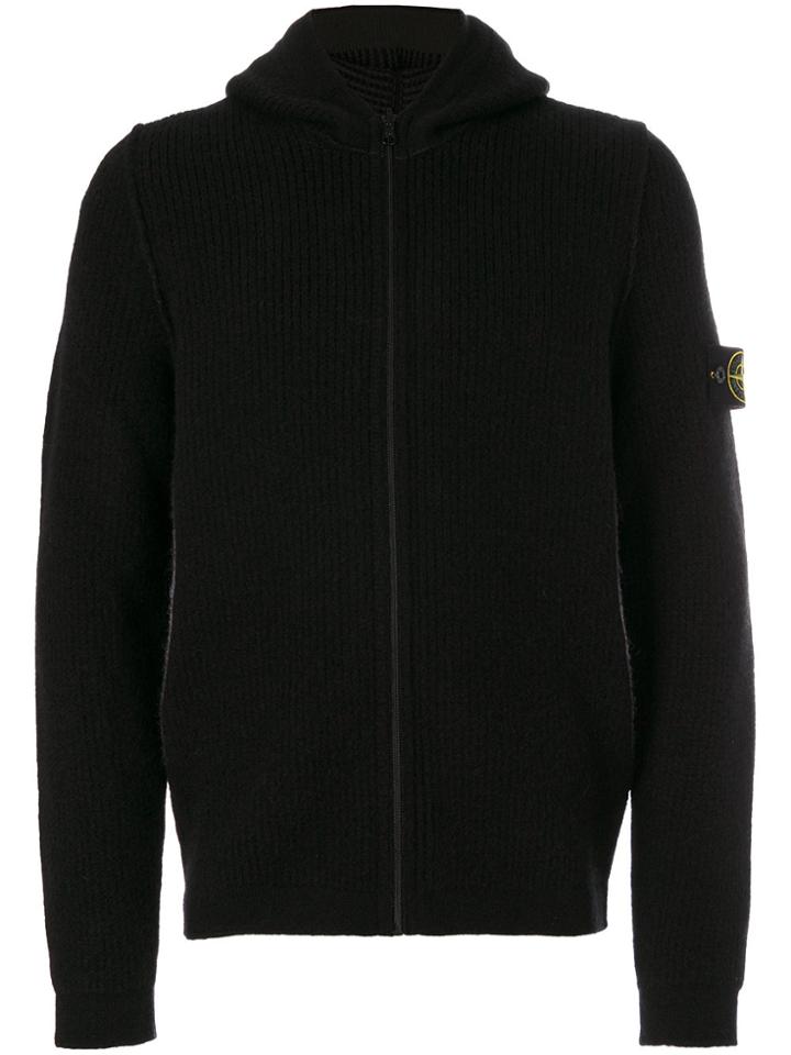 Stone Island Hooded Rib Knit Cardigan - Black