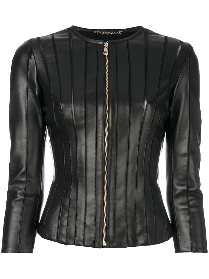 Versace Collection - Panelled Fitted Jacket - Women - Lamb Skin/polyamide/spandex/elastane - 48, Black, Lamb Skin/polyamide/spandex/elastane