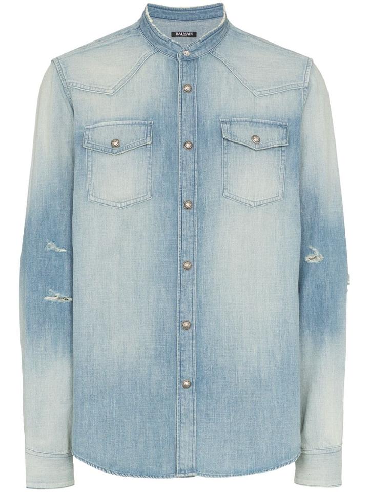 Balmain Distressed Mandarin Collar Denim Shirt - Blue